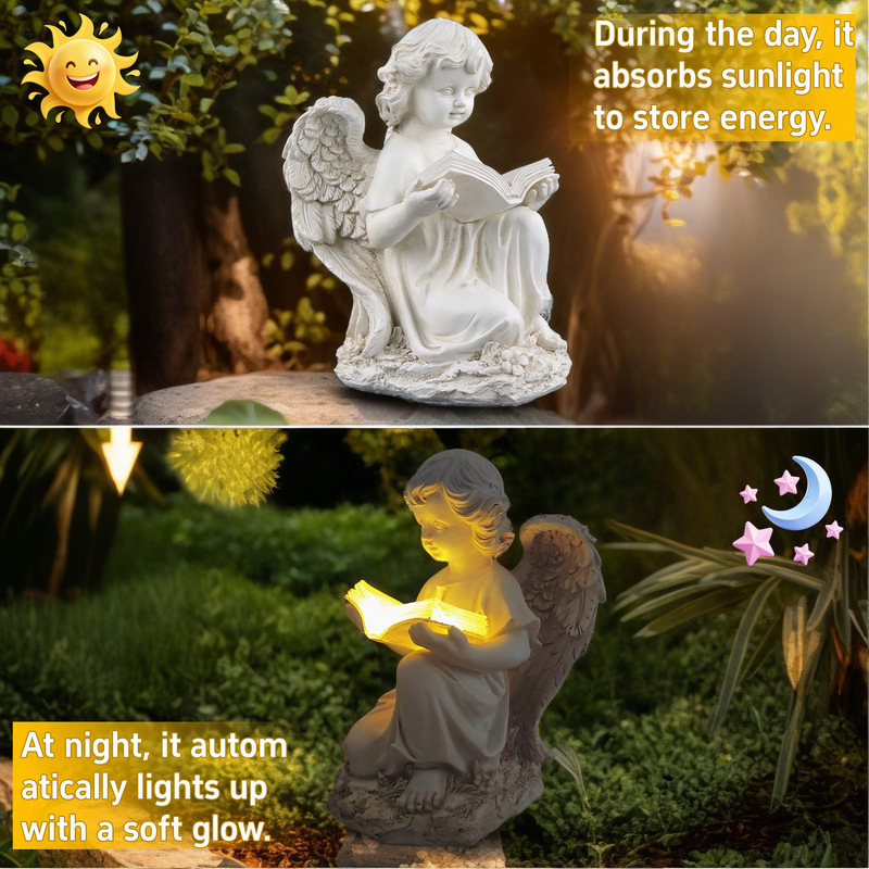   creative solar reading angel ornaments courtyard outdoor statue decorative resin crafts 