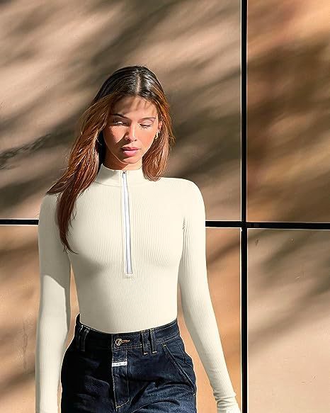 Ribbed Long Sleeve Bodysuit With Front Zipper - Stretchy Soft Fabric For Women, Seamless Layering Top, Comfortable Casual And Night Out Jumpsuit_ecoleips.com