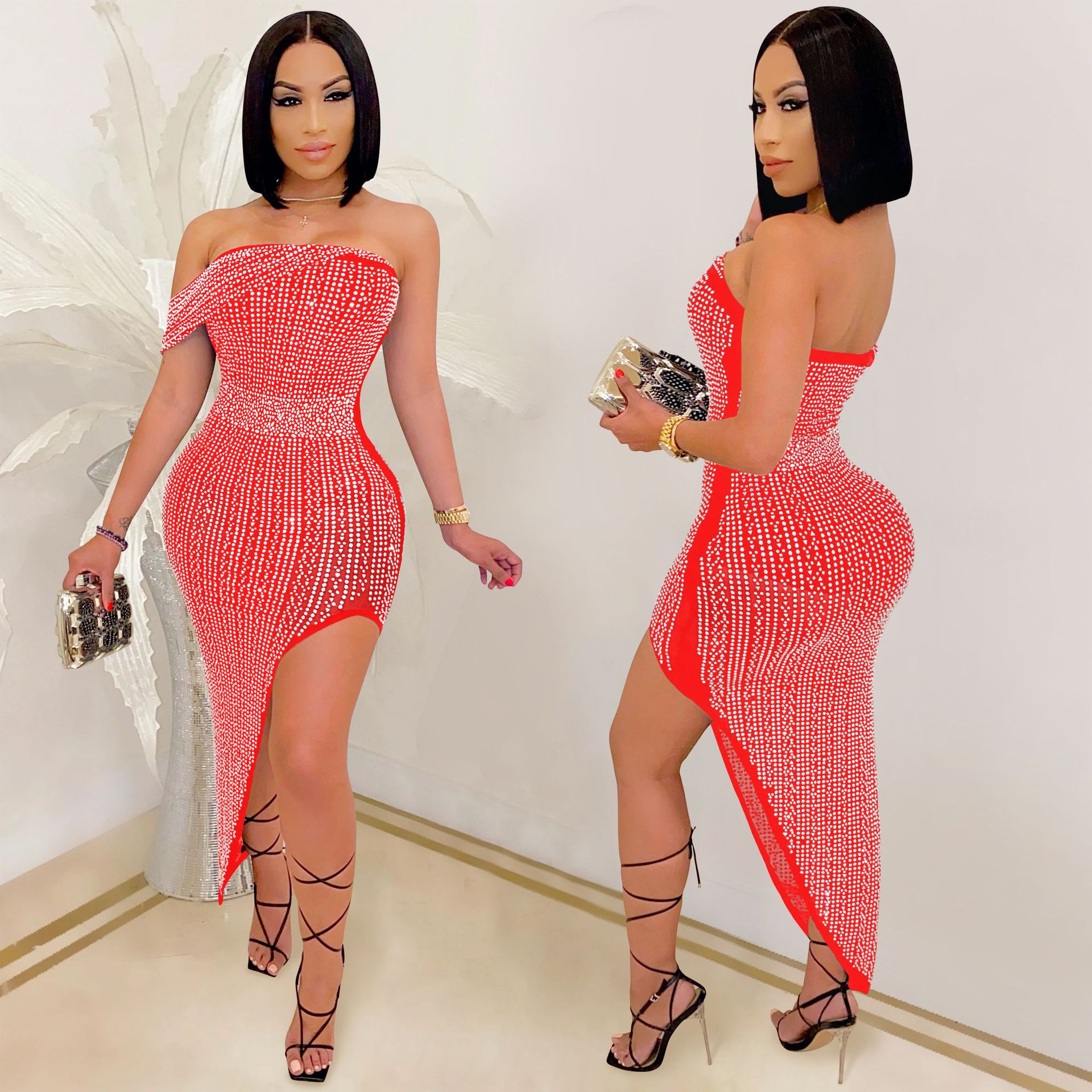 X5046 transfronterizo Amazon AliExpress vestido de noche europeo y americano rhinestone malla hilo envuelto pecho irregular vestido de mujer image 4