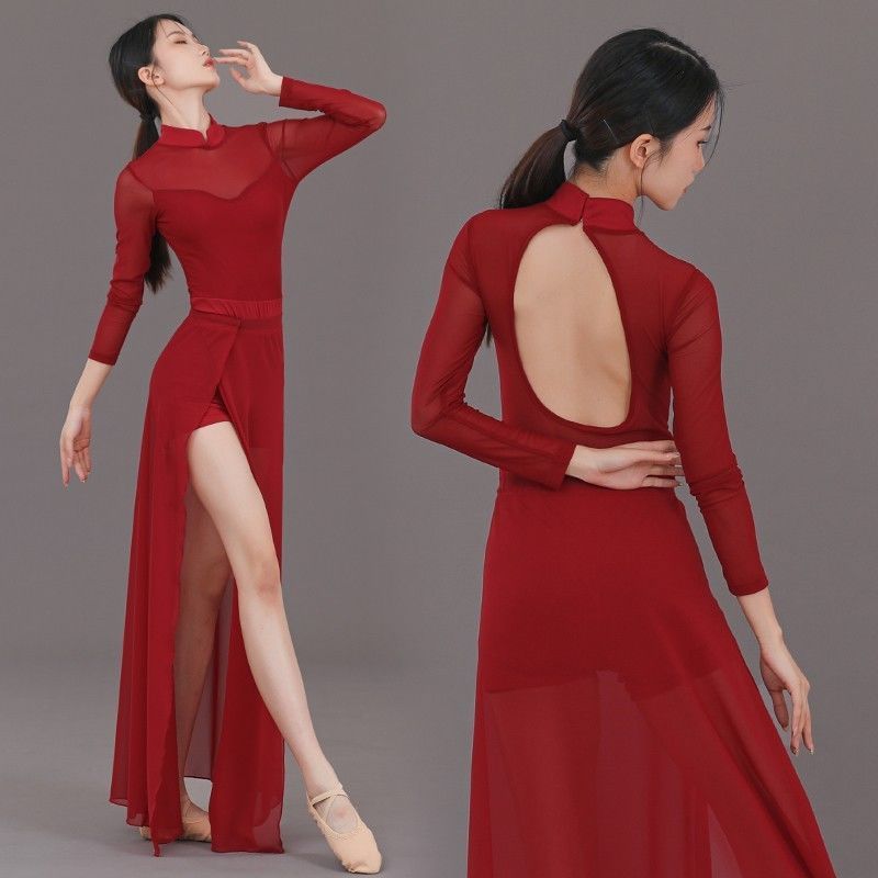 中国古典舞踊エスニックスタイルチャイナドレスハーフレングススカートハイウエストスリット痩身モダンダンス練習服|undefined