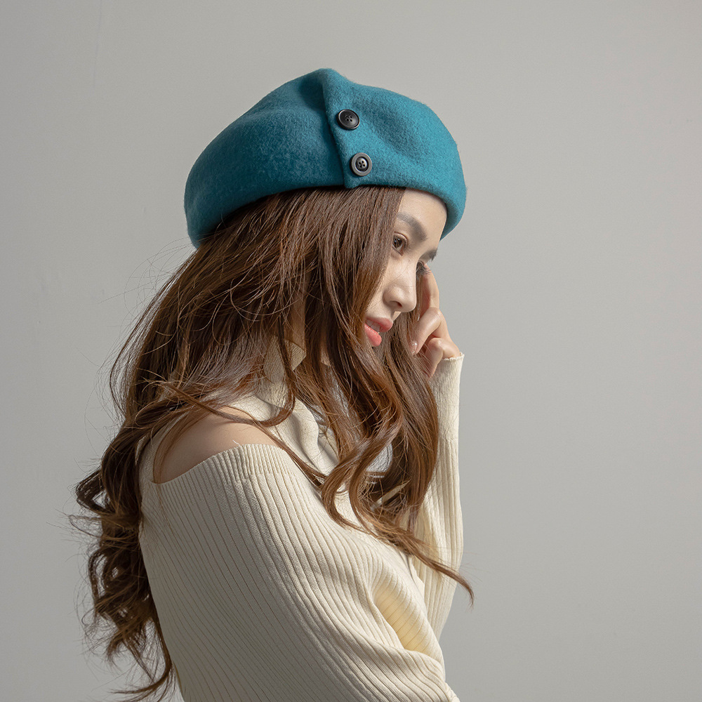 Autumn and winter fashion casual warm button decoration plus large elastic sweatband wool beret painter trendy hat_viptrois.com
