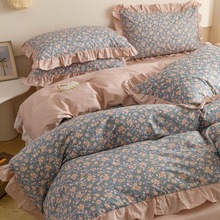 韩版全棉花边四件套床上用品批发被套床单纯棉公主风清晰保暖碎花