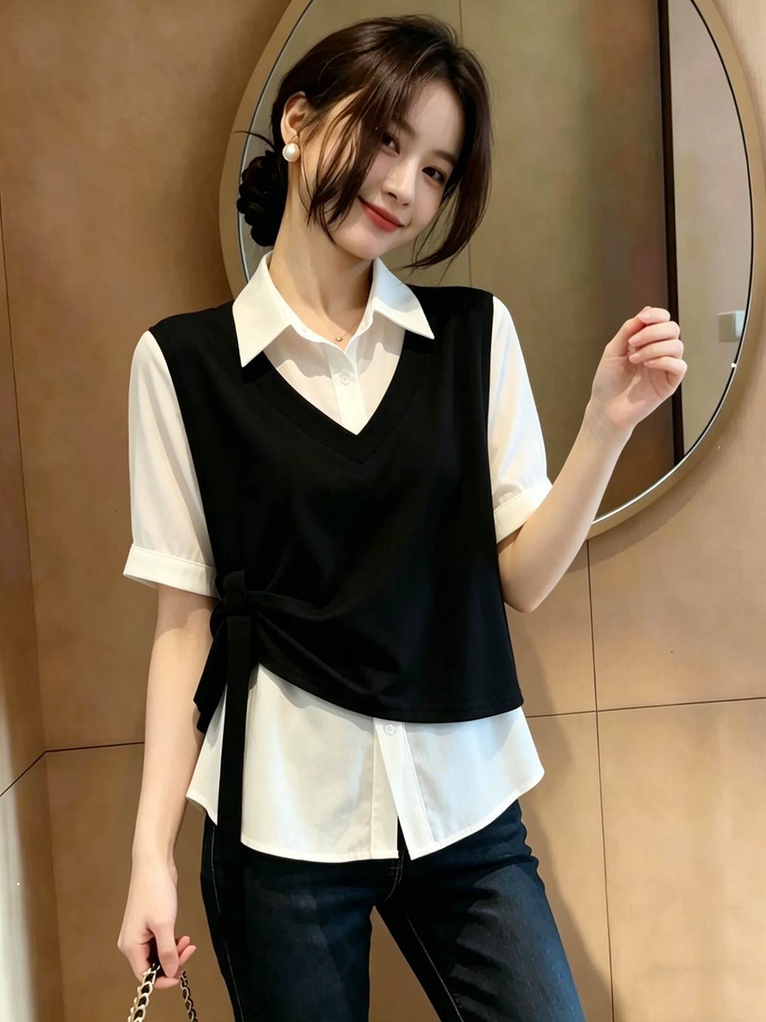Áo thun nữ tay ngắn phối ren giả hai lớp thiết kế dây rua — Màu ảnh