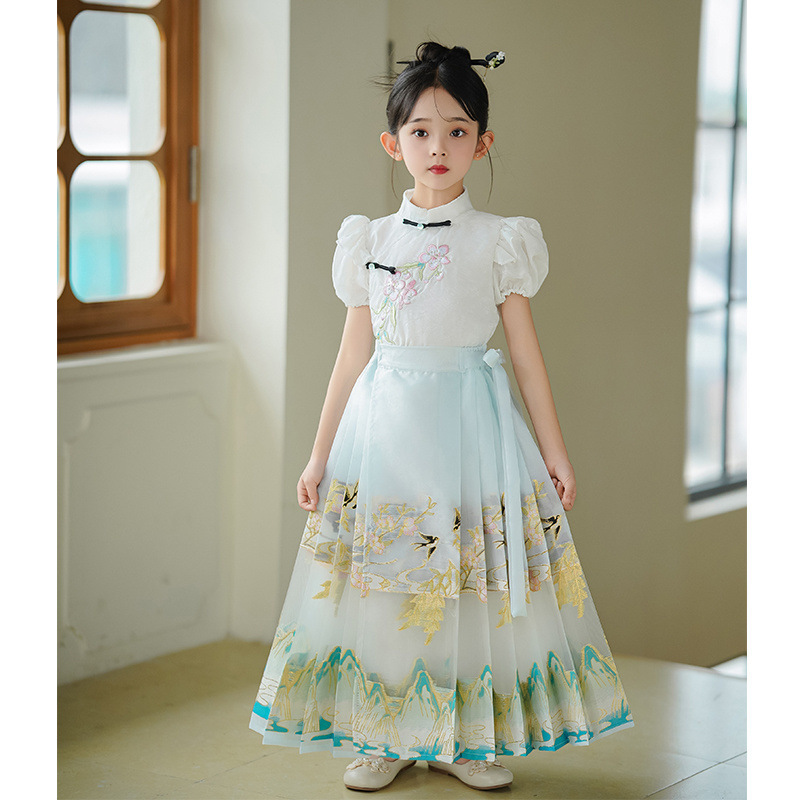 儿童马面裙套装高端汉服生日女童中国风短袖薄新中式唐装夏季|undefined