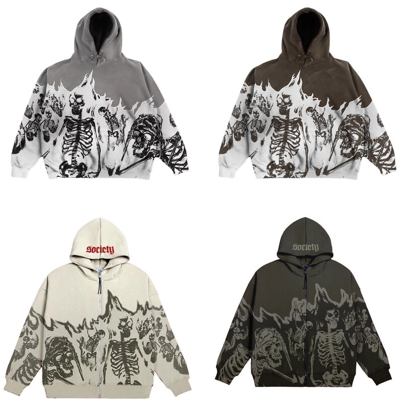 Cross Border Men's Streetwear Vintage Skull Hoodie Zipper Hoodie Sweatshirt Gothic Top