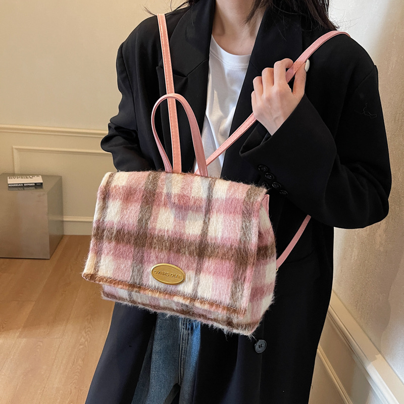 2024 nueva mochila de lana para estudiantes de clase, mochila de gran capacidad, bolsas de estilo de moda de la universidad para mujeres