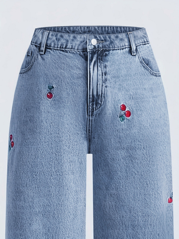 Vintage Washed Slimming Stretch Jeans For Women Smoky Gray Distressed Red Cherry Blossom Embroidered American Style_ecoleips.com