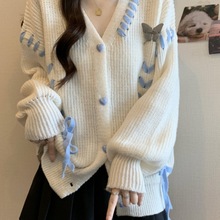 宽松慵懒风针织开衫毛衣外套女春秋季大码胖mm法式系带蝴蝶结上衣