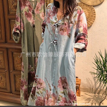 欧美独立站亚马逊2025秋季新款V领长袖定位印花休闲宽松连衣裙