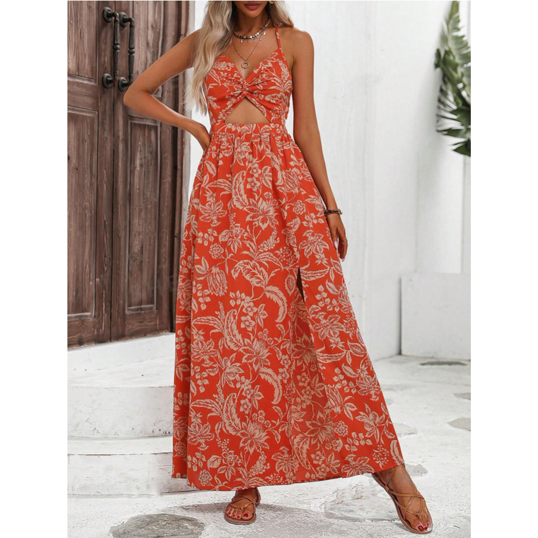 Women Summer Printed Twist Front Chest Back Tied Spaghetti Strap Dress