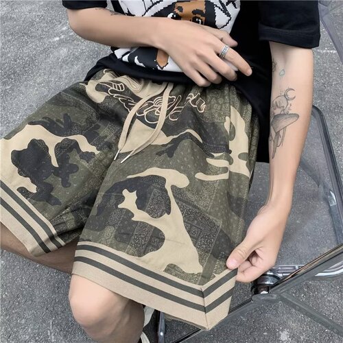 American retro embroidered camouflage denim cargo shorts men's summer fashion brand loose five-point casual basketball sweatpants
