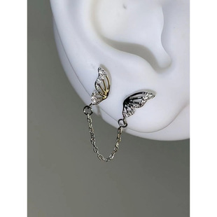 Butterfly Wings Chain Double Ear Holes Titanium Steel Sweet Cool Full Diamond Advanced Sense Delicate Earrings 925 Silver Needle Earrings for Women
