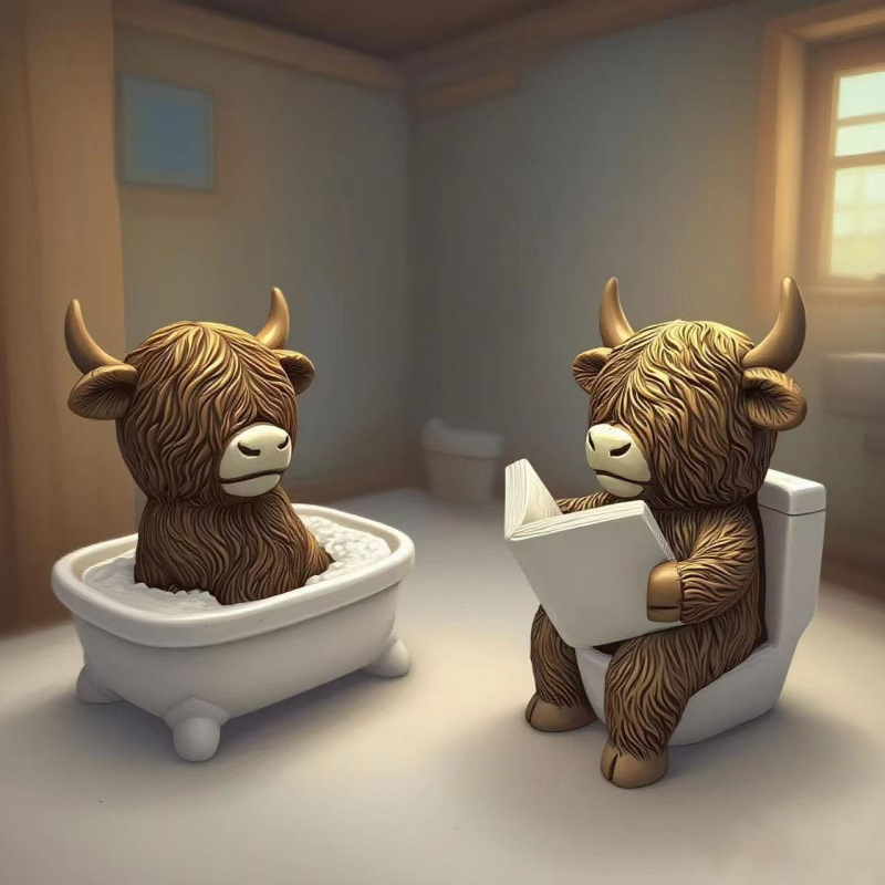 Cross-Border New Creative Home Desktop Resin Bathroom Toilet Highland Cow Statue Ornaments Holiday Decorations