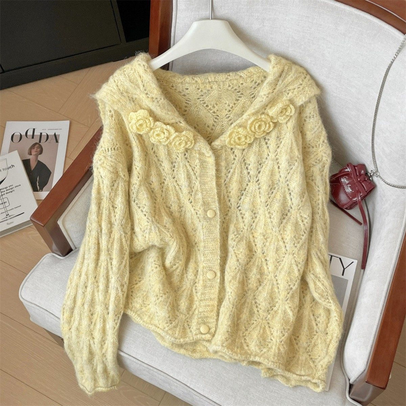 Hollow Jacquard Navy Blue Sweater Jacket for Women, Spring and Autumn Outerwear, Stylish Cardigan, Gentle and Soft Top Hollow Jacquard Navy Blue Sweater Jacket for Women, Spring and Autumn Outerwear, Stylish Cardigan, Gentle and Soft Top