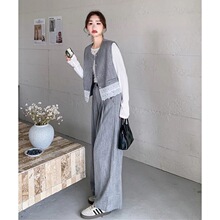 胖特大码斤蕾丝拼接马甲套装女春秋新款高腰阔腿裤两件套