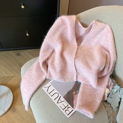ピンクvネックの柔らかいモチモチの短いセーターのカーディガンの女性の秋冬2023の優しい風の甘い年齢の洋風のメリヤスのコート