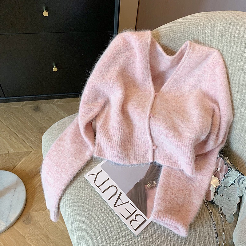 Pink V Neck Soft Waxy Short Sweater Cardigan for Women Autumn and Winter 2023 Gentle Style Sweet Age-Reducing Western Style Knitted Jacket