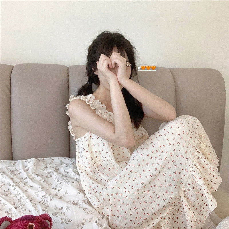 睡衣女日系长款仙女睡裙ins夏季甜美公主风女学生短袖纯色大码薄