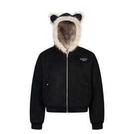 保暖国潮牌冬季美式毛领黑色麂皮夹棉外套棉服高级感休闲加厚棉服