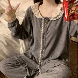 韩国ins女士秋冬新款韩版加厚可爱毛巾绒蕾丝花边拼接家居服套装