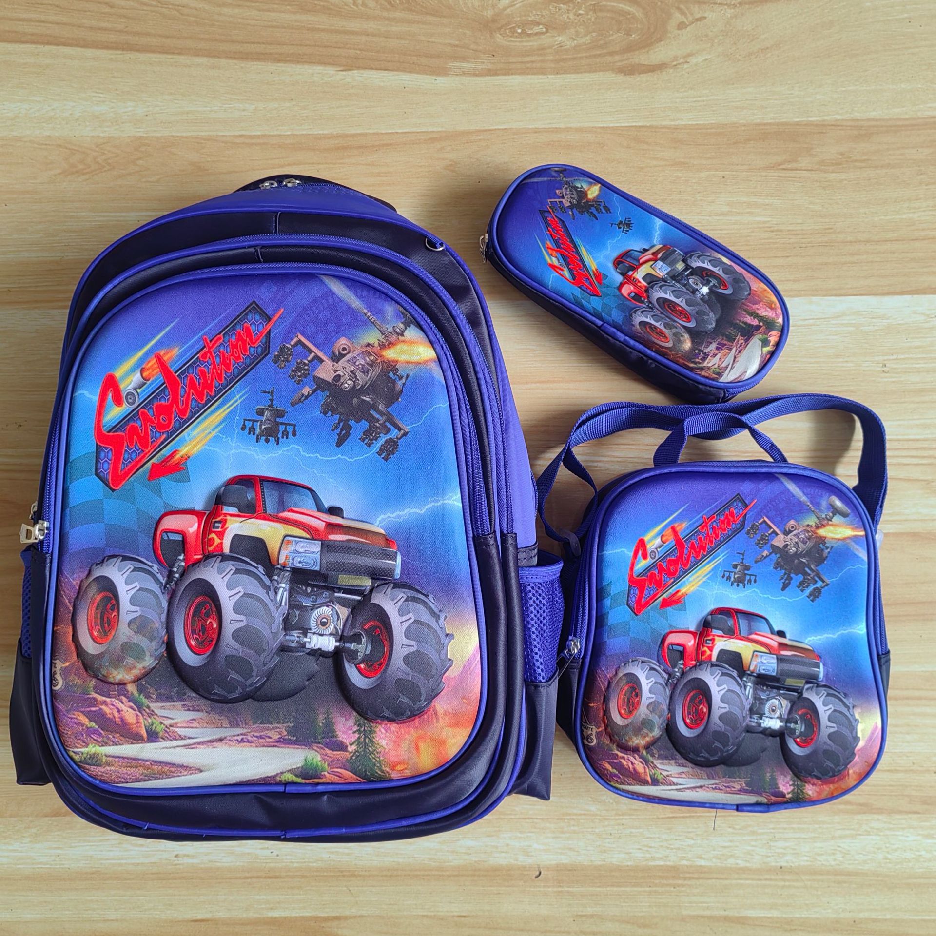 Comercio exterior al por mayor 3D Escuela Primaria estudiante mochila 3-piece set niños dibujos animados mochila lápiz bolsa de almuerzo para grado 1-6