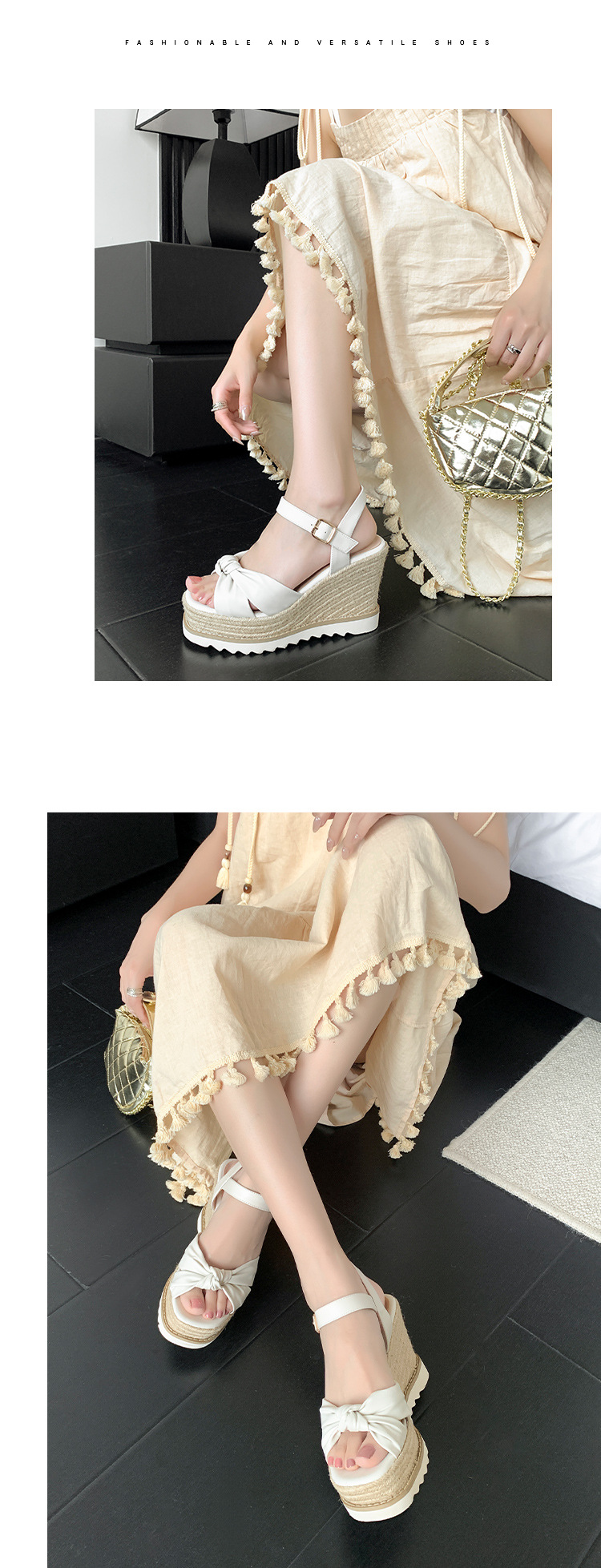 Sandal nữ quai ngang gót xuồng hở mũi phong cách Bohemian — màu nâu, màu trắng chi tiết 5