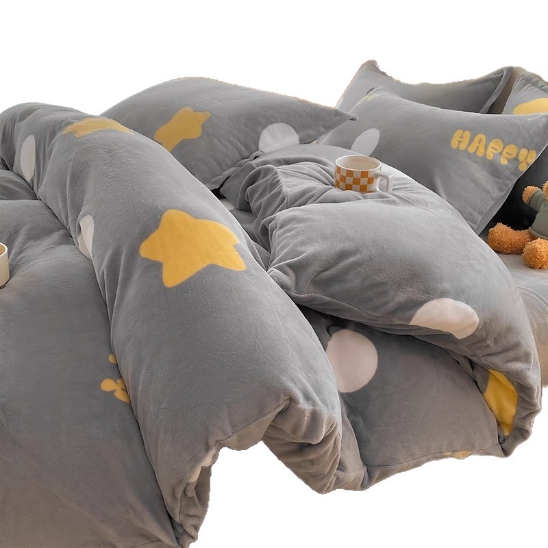 Cama de terciopelo de leche de cuatro piezas, doble cara de invierno más brida de terciopelo, sábana de terciopelo de coral, funda de edredón, ropa de cama de felpa de tres piezas