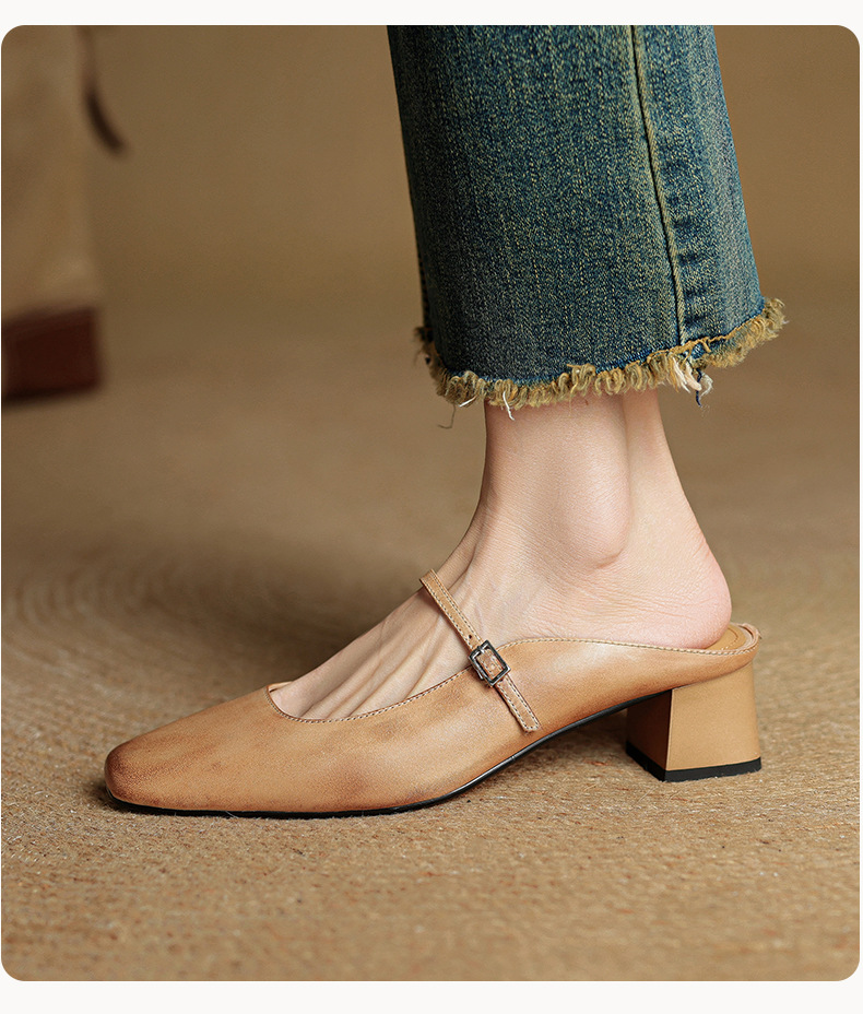 Sandal nữ quai ngang mũi vuông gót 4.5 cm da bò bít mũi hở gót — đen chi tiết 13
