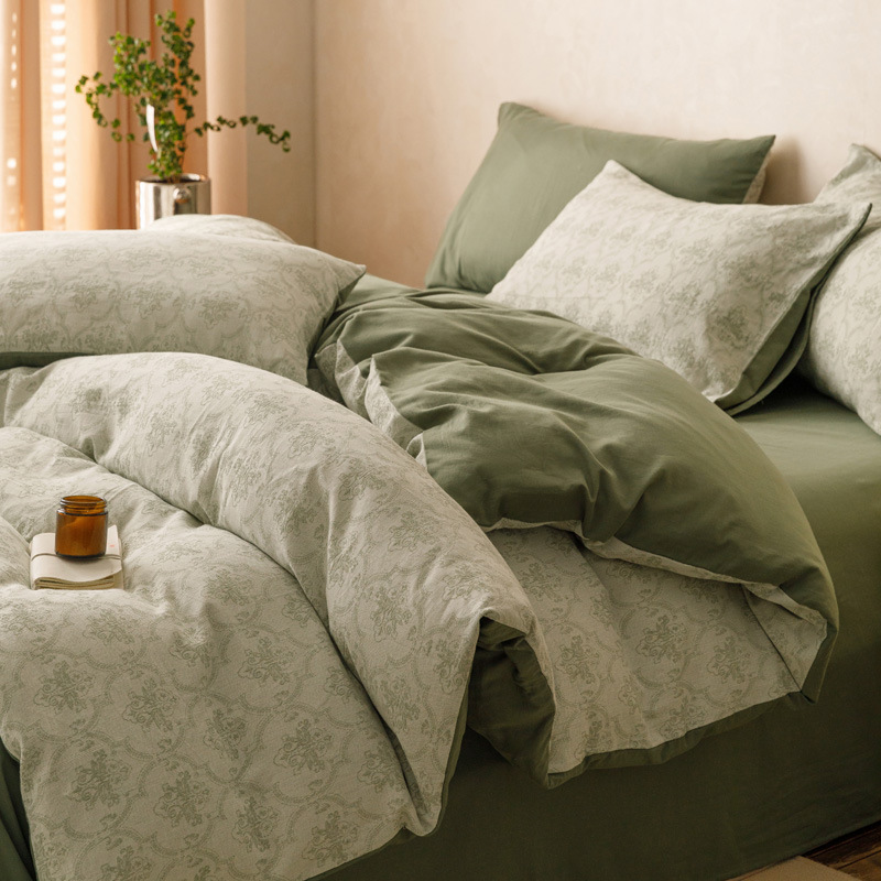 Clase ligera de lujo A algodón lavado de algodón de cuatro piezas de tres capas de hilo jacquard edredón cubierta sábana de algodón de fibra larga cama de algodón de cuatro piezas