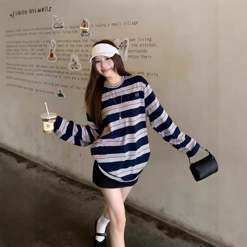 25早秋新款miu系穿搭字母徽标圆领条纹长袖T恤男女显瘦百搭上衣潮|undefined