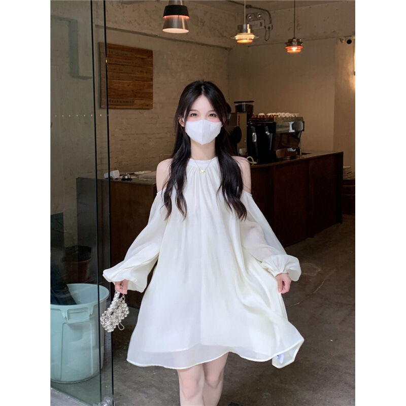 Off-Shoulder Halterneck Design Unique Dress Spring & Fall 2024 New Loose Fashion Elegant White A-Line Skirt for Women Off-Shoulder Halterneck Design Unique Dress Spring & Fall 2024 New Loose Fashion Elegant White A-Line Skirt for Women