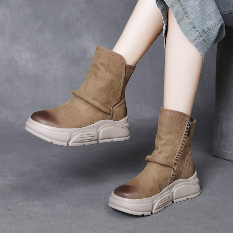 吉树秋冬款头层牛巴戈厚底中靴女靴真皮复古擦色骑士靴拉链马靴