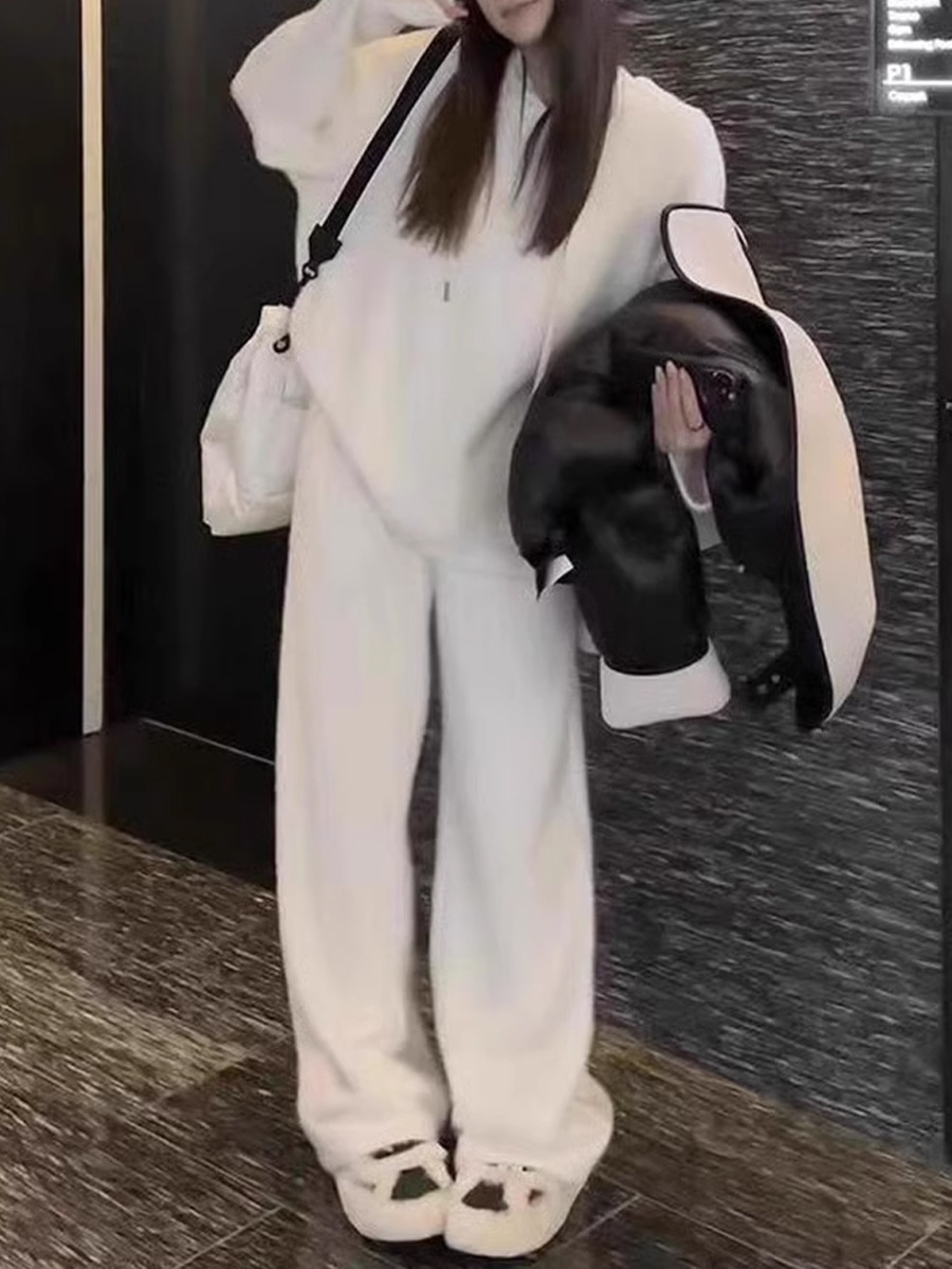 2025 Spring and Autumn Lazy Style Solid Color Loose Slim Soft Waxy Stuffed Hooded Top High Waist Casual Pants Two-Piece Set for Women