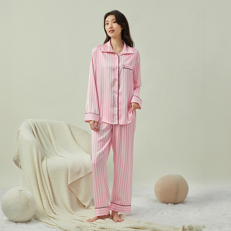 Secret Same-Style Shirt-Collar Striped Jacquard Pajamas for Women, Long-Sleeve Long-Pants Set, Loungewear Set