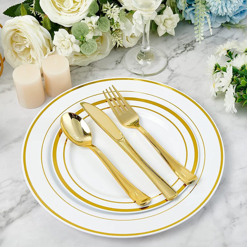 Factory direct PS plastic UV plating Golden disposable knife, fork and spoon birthday wedding cross-border party tableware