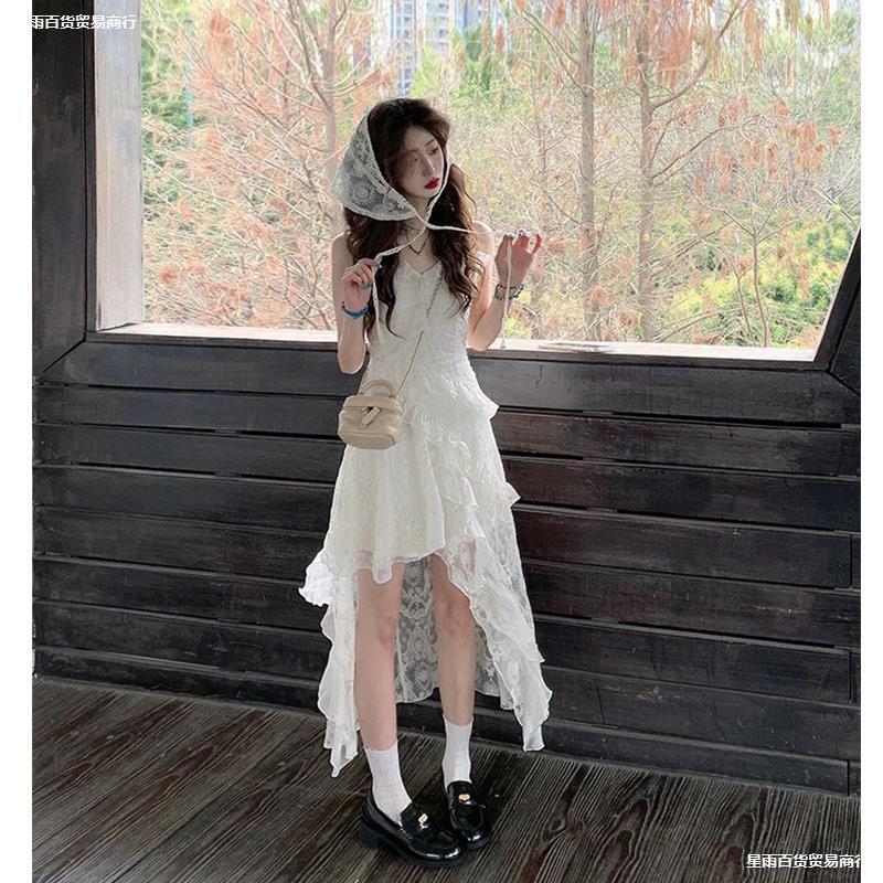 甜美风不规则吊带连衣裙女夏季木耳边钩花修身显瘦A字裙|undefined