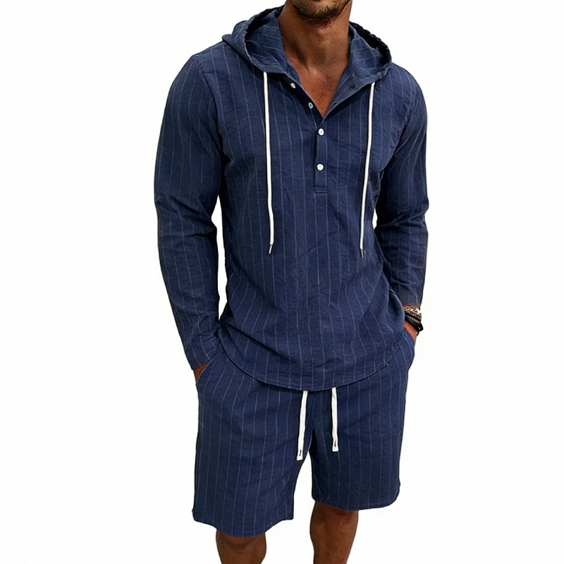 Men's Linen Long Sleeve Hooded Henley Shirt With Shorts Set, Jacquard Vertical Stripe Pattern, Relaxed Fit For Summer Commute And Casual Wear_viptrois.com
