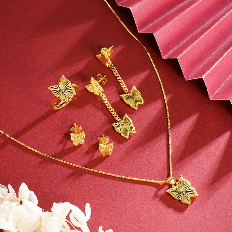 Collar de oro de arena vietnamita, mariposa láser, moda femenina, anillo de combinación de lujo ligero, pendientes de todo fósforo, traje de temperamento elegante