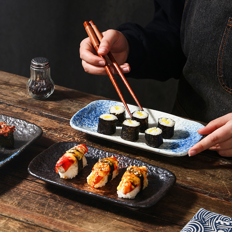 세라믹 직사각형 스톤 패턴 접시 일본 요리 스시 접시 상업용 레스토랑 호텔 식기 복고풍 스낵 플랫 플레이트 도매