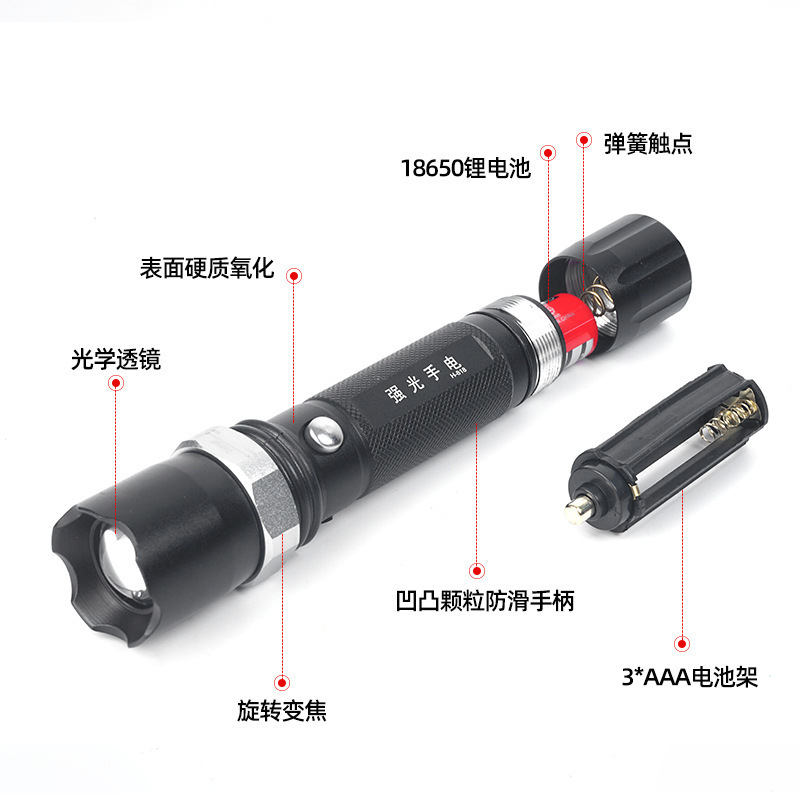 ミラーにまたがる新型led充電ズームアルミニウム合金屋外防水強光多機能家庭用携帯懐中電灯|undefined