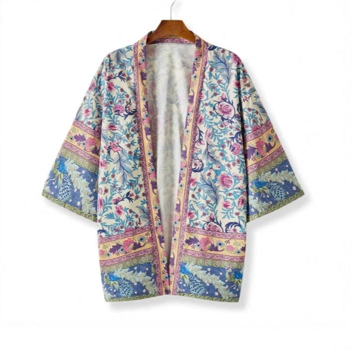 Европейский и американский ретро элегантный цветочный принт с рукавом три четверти кимоно кардиган модная повседневная короткая куртка с поясом тонкое пальто.