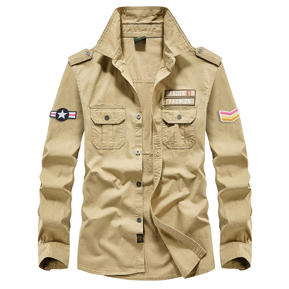 Amazon Camisa de manga larga de algodón para hombre suelta talla grande Primavera y otoño Ropa de trabajo del ejército Camisa casual Camisa estilo militar