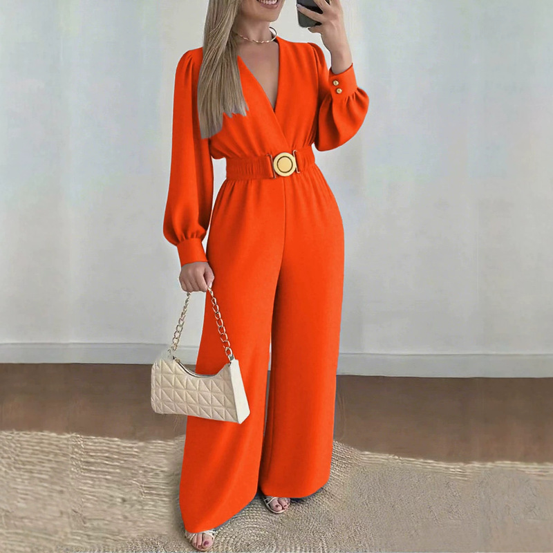 2026 New Cross-Border Women's V-Neck Puff Sleeve Jumpsuit with Metal Buckle Belt, High-Waisted Draped Wide-Leg Pants 2026 New Cross-Border Women's V-Neck Puff Sleeve Jumpsuit with Metal Buckle Belt, High-Waisted Draped Wide-Leg Pants