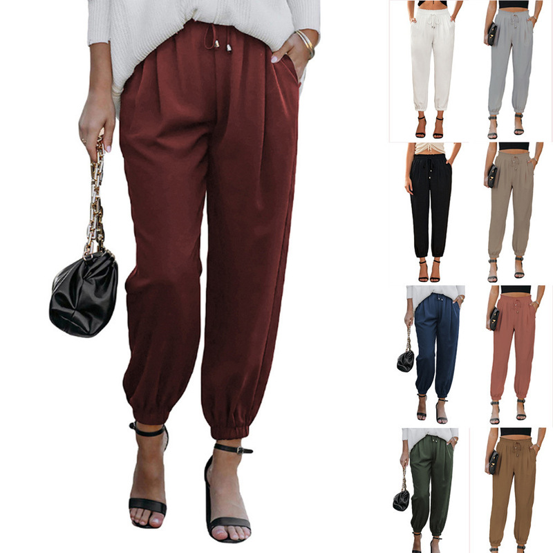 2025 Cross-Border European and American New High-Waisted Lace-Up Small-Foot Girdle Pants for Women Export Pure Color Versatile Elegant Pants Casual
