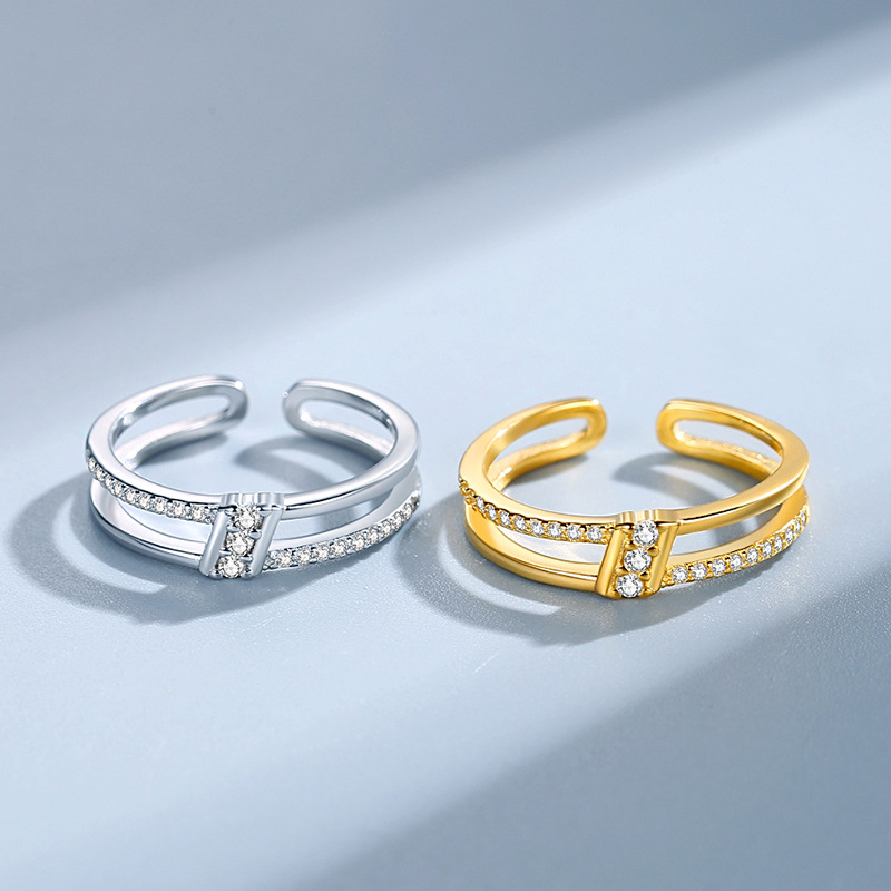 Anillo de mujer geométrica de doble capa de plata esterlina S925 estilo japonés y coreano estilo creativo Luz de lujo estilo diamante-incrustado anillo de dedo índice apertura ajustable