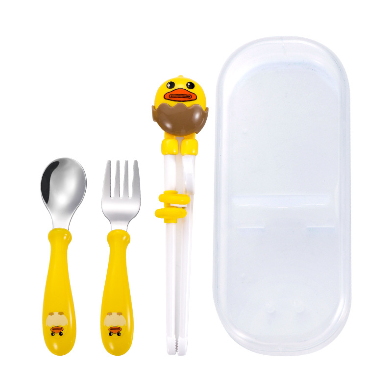 Nuevo acero inoxidable 304 niños dibujos animados palillos de entrenamiento bebé lindo suplemento cuchara tenedor portátil de tres piezas conjunto