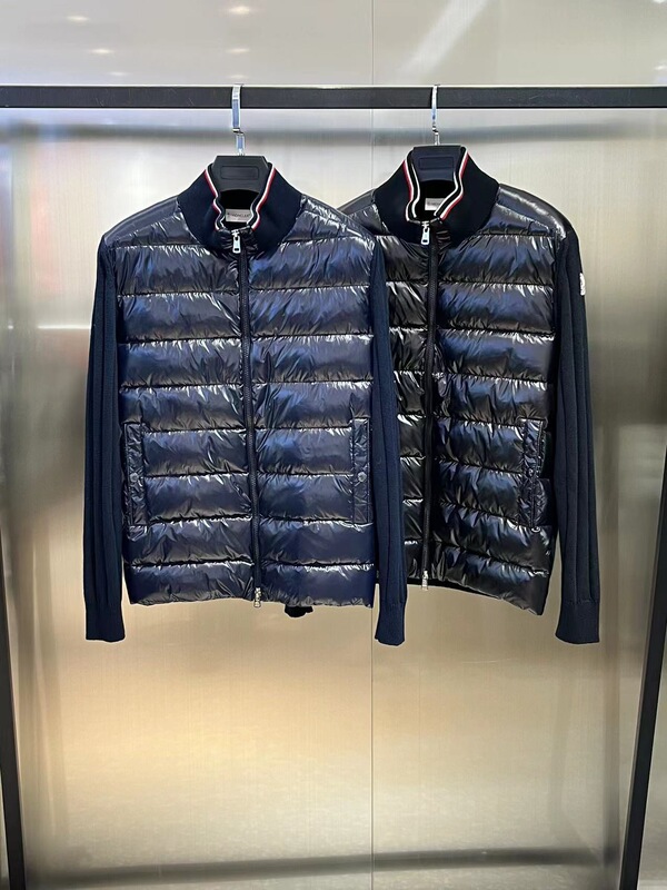 现货M家彩条拼接针织羽绒服蒙家立领保暖毛衣针织袖子薄羽绒外套|undefined