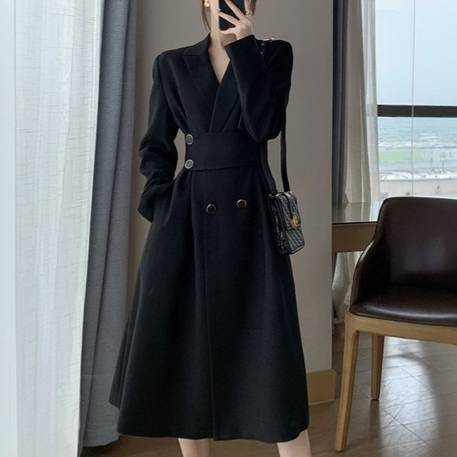 初秋冬高级设计感职业外套西装裙复古法式时尚收腰气质黑色连衣裙