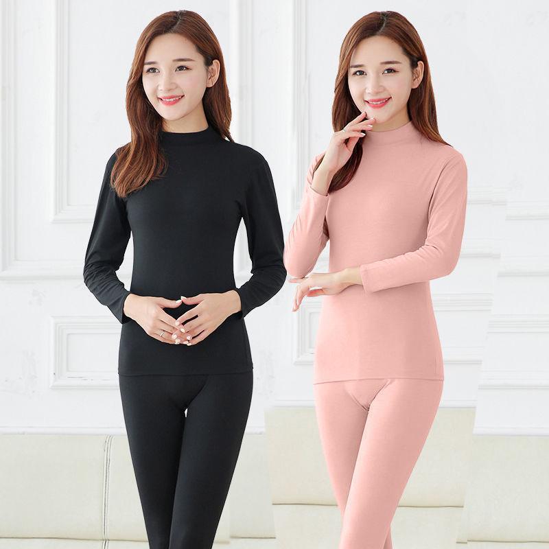 Double-Sided Thermal Underwear Set for Women, Half-High Collar, Fleece-Lined, Autumn and Winter Cold-Proof Heated Thermal Top and Bottom Set