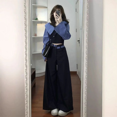 2025新款超好看一字肩拼接上衣女韩版收腰宽松显瘦休闲裤两件套女